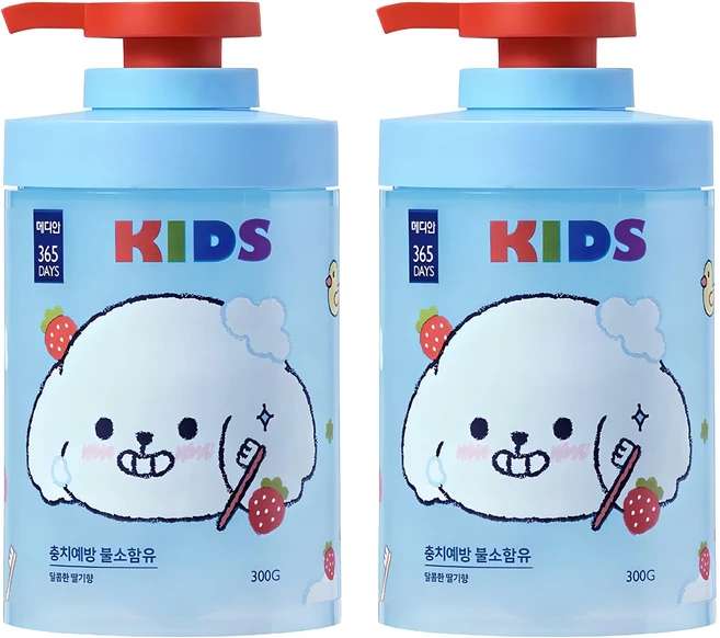메디안 365 데이즈 충치불소 어린이 펌핑치약 레드베리민트향, 300g, 2개 - 쿠팡