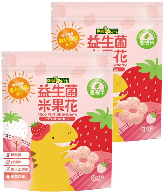 DiNOBiTE 恐龍咬 益生菌米果花, 草莓口味, 35g, 2包