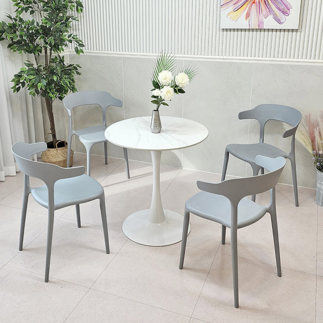 포세린 세라믹 원형테이블 700 + 피너트 체어 세트 4인용 방문설치, 화이트마블 + 그레이, 일반의자 4