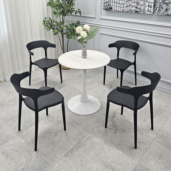 비에프컴퍼니 포세린 세라믹 700 원형 피너트 식탁세트 4인용 방문설치, 화이트마블 + 블랙, 일반의자 4