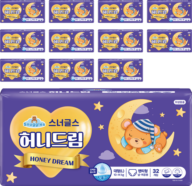 스너글스 허니드림 팬티형 기저귀 남녀공용, 대형(L), 384매