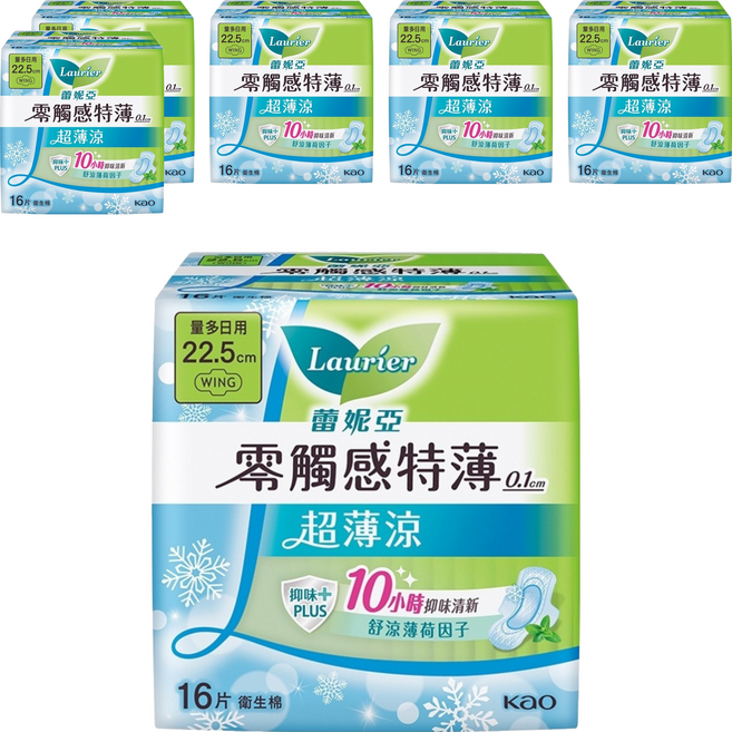 Laurier 蕾妮亞 台灣公司貨 零觸感特薄涼衛生棉 量多日用型, 22.5cm, 16片, 6包