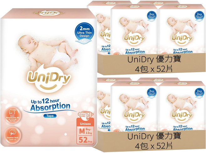 UniDry 優力寶 奢柔優選黏貼型尿布 6~11kg, 416個, 中碼 (M)