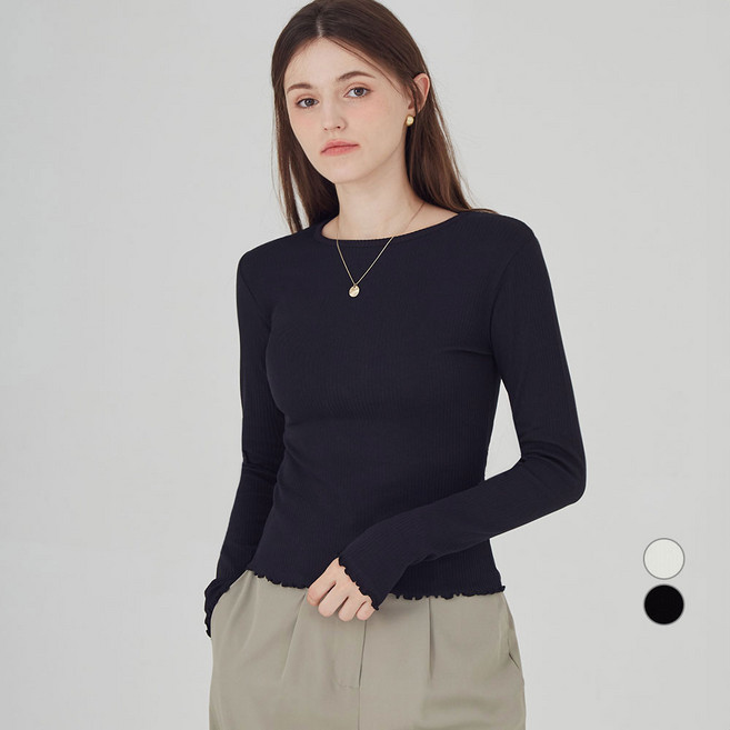 ELLE PARIS 여성용 립 라운드넥 프릴 긴팔 티셔츠