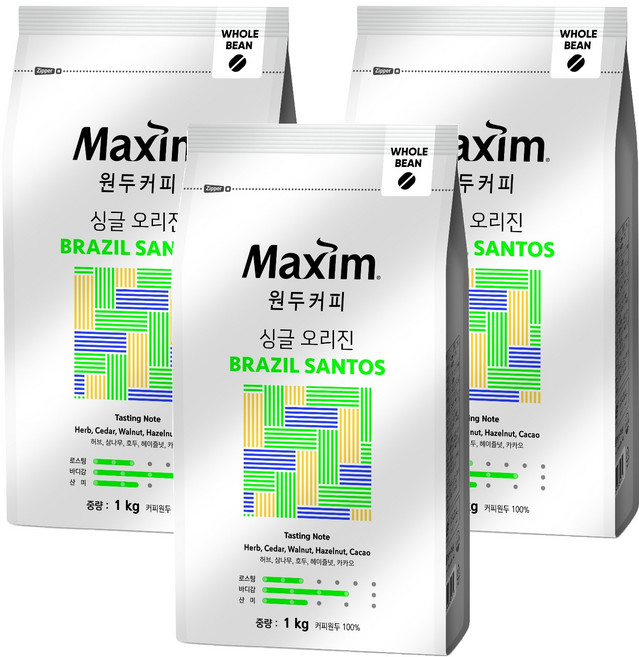 맥심 싱글 오리진 브라질 산토스 원두커피, 홀빈(분쇄안함), 1kg, 3개