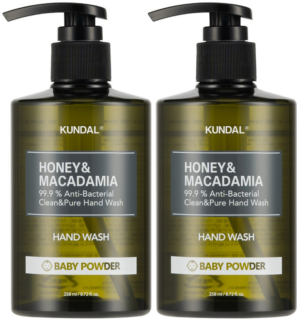 쿤달 허니 앤 마카다미아 클린 앤 퓨어 핸드워시 베이비파우더, 258ml, 2개