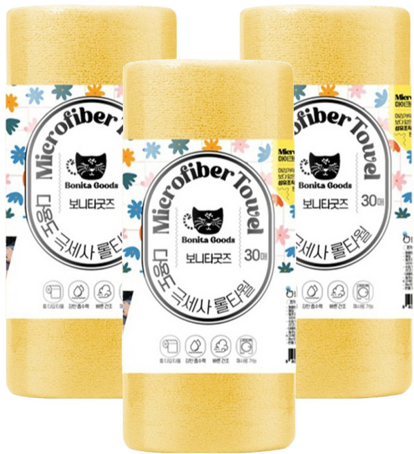 보니타굿즈 다용도 극세사 롤 행주타올 노랑 30 x 30 cm, 30개입, 3개