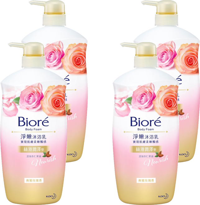 Biore 蜜妮 淨嫩沐浴乳 絲滑潤澤 玫瑰, 1kg, 4瓶
