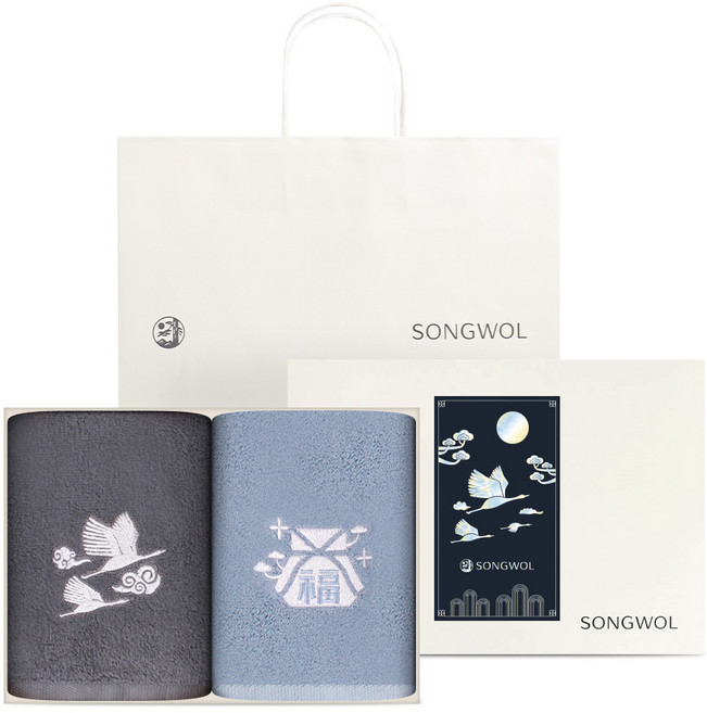 송월타월 달빛 전통 자개 자수 기념품 호텔수건 130g 30수 면사 2종 선물 세트 + 쇼핑백, 그레이, 스카이 블루, 1세트