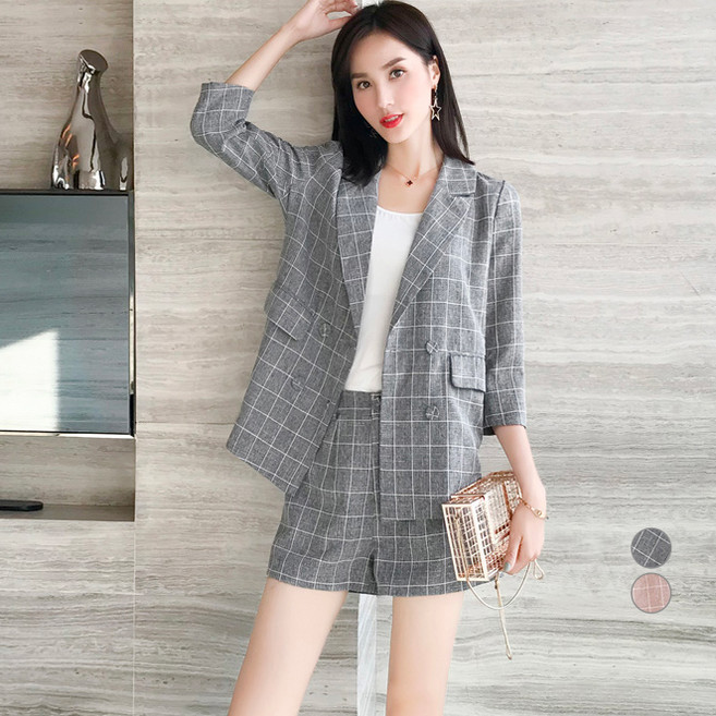 LUNAGIRL 女款格紋西裝外套+西裝短褲