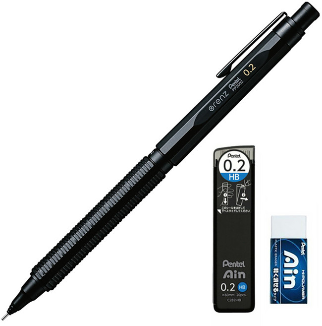 Pentel 飛龍文具 Orenz Nero 不易斷芯自動高級自動鉛筆 PP3002-A + AIN 自動鉛筆芯 HB + AIN 橡皮擦套組, 0.2mm, 1組