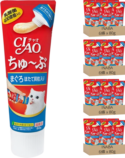 INABA CIAO 啾嚕 乳酸菌肉泥膏, 鮪魚 + 干貝, 80g, 24條