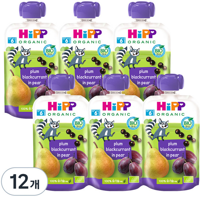 힙 유기농 과일 이유식, 혼합맛(자두/블랙커런트/배), 100g, 12개