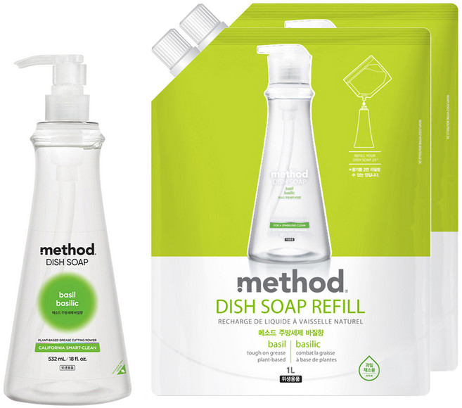 메소드 스마트클린 주방세제 바질향 본품 532ml x 1p + 리필 1L x 2p, 1세트