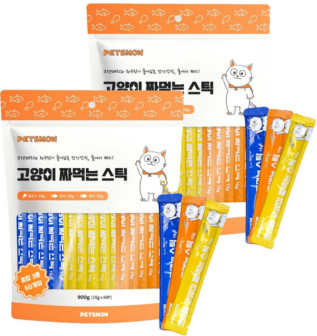 펫츠몬 고양이 짜먹는 스틱 60P, 혼합맛(닭고기/참치/연어), 900g, 2개