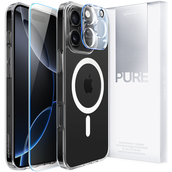 슈퍼디비전 퓨어 맥세이프 올인원 패키지 변색방지 휴대폰 케이스 + 강화유리 카메라 전면 풀커버 세트
