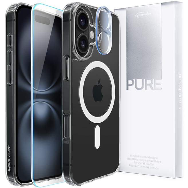 슈퍼디비전 퓨어 맥세이프 올인원 패키지 변색방지 휴대폰 케이스 + 전면 풀커버 강화유리필름 + 카메라 강화유리필름 세트