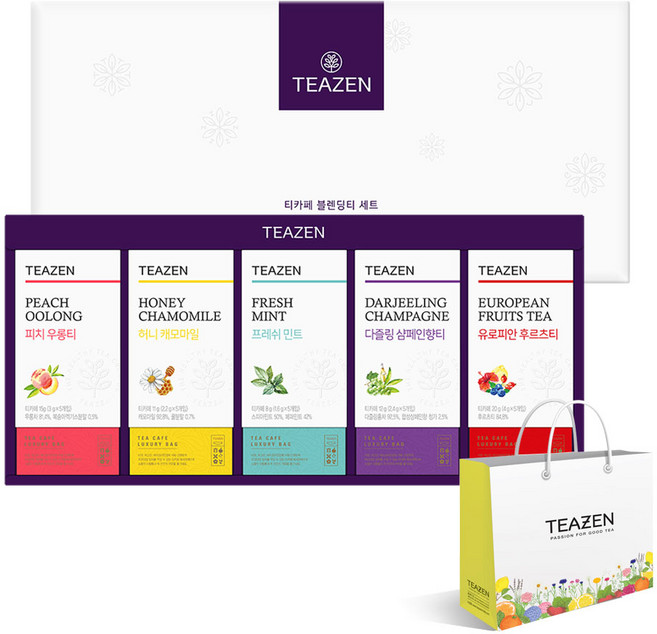티젠 티카페 블렌딩티 선물세트 + 쇼핑백, 피치 우롱 + 허니 캐모마일 + 프레쉬 민트 + 다즐링 샴페인향티 + 유로피안 후르츠티, 1세트