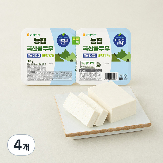 농협100 국내산 콩두부 부침찌개용, 300g, 4개