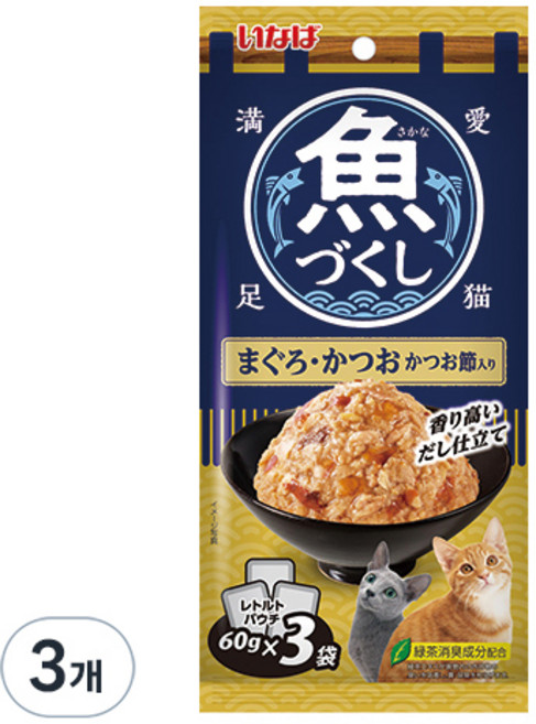 이나바 고양이 생선 가득 파우치, 혼합맛(참치/가다랑어/가다랑어포), 180g, 3개
