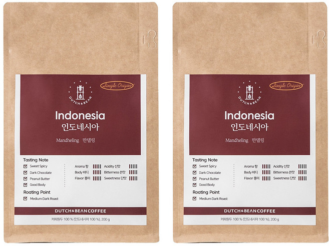 DUTCH&BEAN COFFEE 單一產區印尼曼特寧烘焙咖啡豆 粗研磨 2入, 手沖, 200g, 2個
