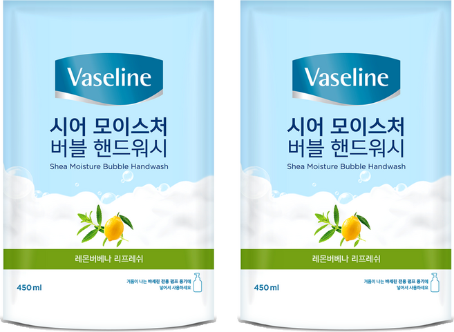 바세린 시어 모이스처 버블 핸드워시 레몬버베나향 리필, 450ml, 2개