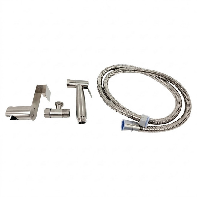 LEADER 麗達 多用途不繡鋼強力清潔沖洗全配組 圓頭款沖洗器 + 軟管沖洗器 + 三通 + 馬桶掛座 軟管沖洗器1.2m NA104-12, 銀色