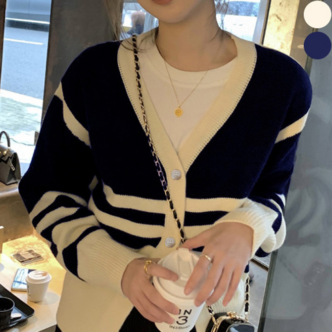 공블리 여성용 단가라 브이넥 배색 니트 가디건 CSU1296