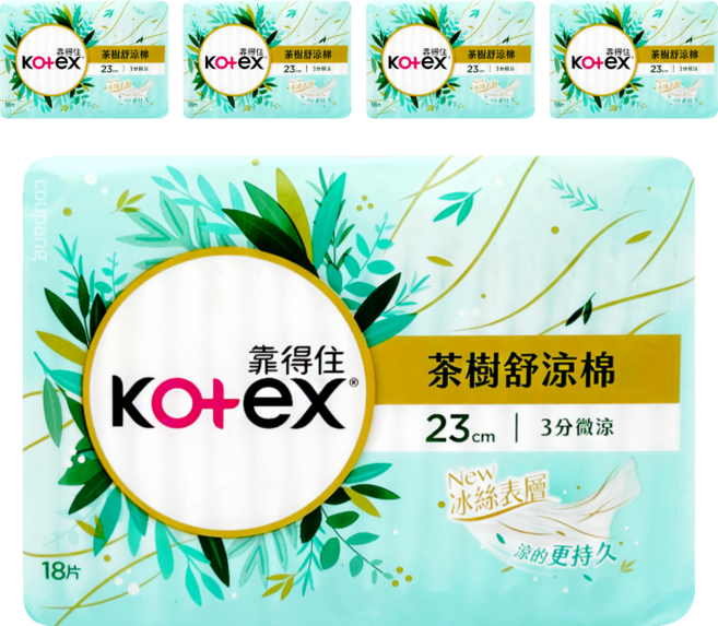 Kotex 靠得住 茶樹舒涼 涼感衛生棉 3分微涼 護翼型, 日用一般型 23cm, 18片, 5包