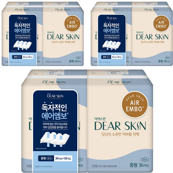 디어스킨 울트라슬림 생리대 날개형, 중형, 72개입, 3세트