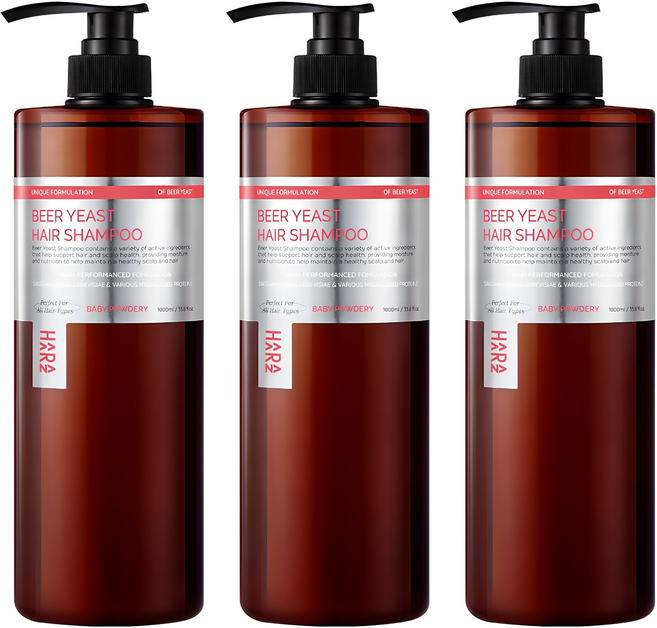 하라즈 맥주효모 샴푸 베이비파우더향, 1L, 3개
