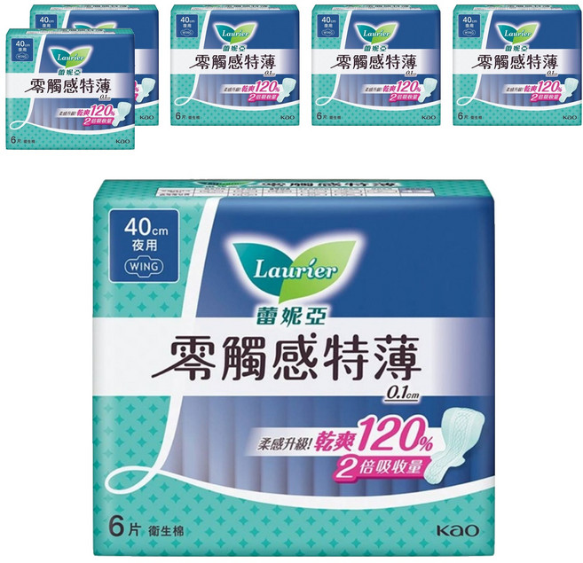 Laurier 蕾妮亞 台灣公司貨 零觸感特薄衛生棉 極長夜用型, 40cm, 6片, 6包