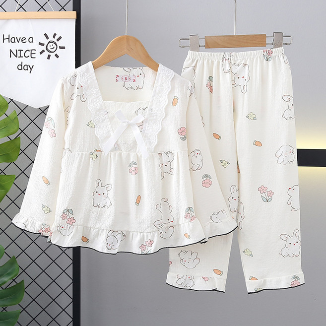 우주아이 여아용 저학년 래빗 레이스 프릴 잠옷 상의 + 하의 세트