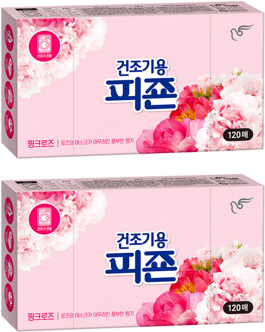 피죤 건조기용 오리지널 시트 섬유유연제 핑크로즈 본품, 120개입, 2개