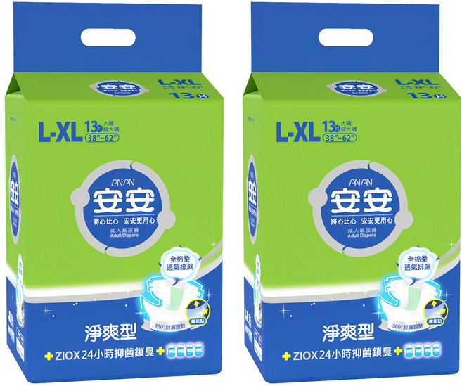 安安 成人紙尿褲 淨爽型, L~XL, 13片, 2包