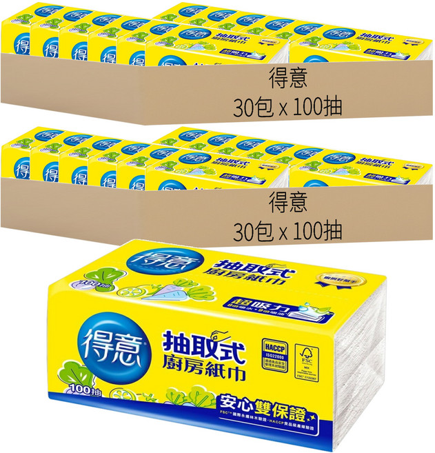 得意 抽取式廚房紙巾 輕巧尺寸, 100抽, 60包