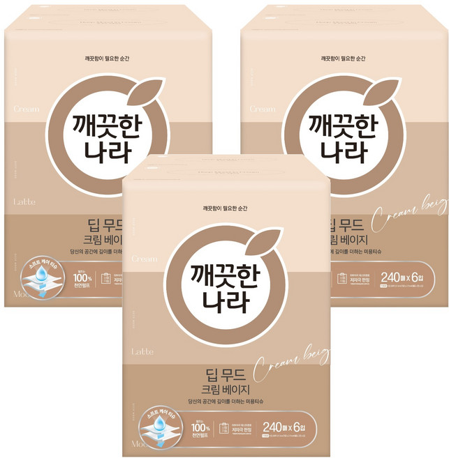 깨끗한나라 딥무드 미용티슈 크림 베이지 2겹, 240개입, 18개