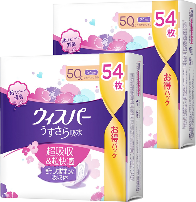 whisper 好自在 日本原裝進口 舒爽超吸收成人護墊 成人尿布 50cc 無翼型, 24cm, 54片, 2包