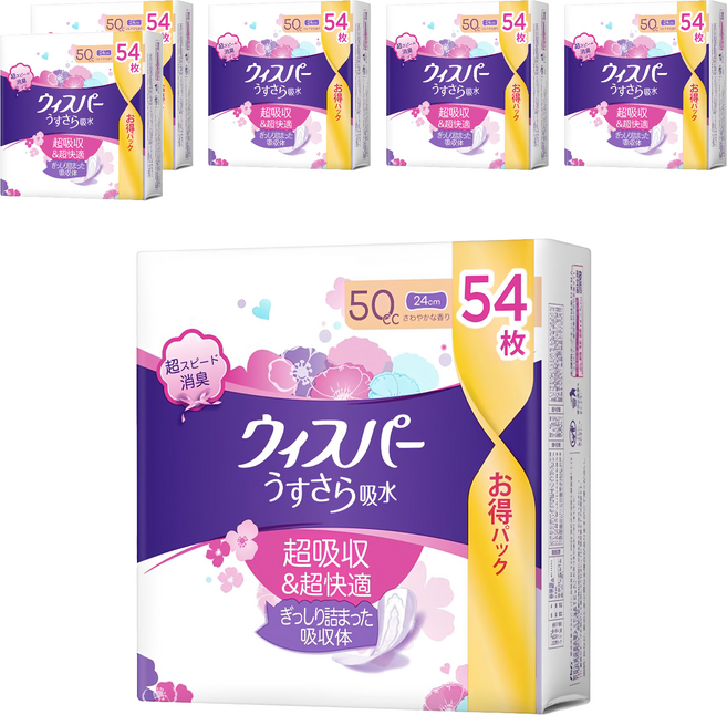 whisper 好自在 日本原裝進口 舒爽超吸收成人護墊 成人尿布 50cc 無翼型, 24cm, 54片, 6包