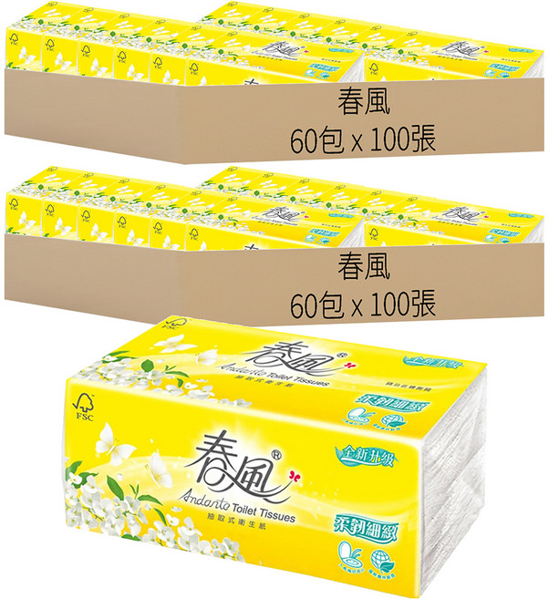 春風 柔韌細緻 抽取式衛生紙 雙層, 100張, 120包