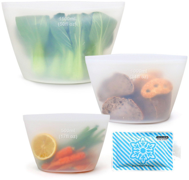 까사메종 프리미엄 실리콘 지퍼백 혼합 3종 쿨팩 세트, 1세트, 500ml(1P) + 1L(1P) + 1.5L(1P) + 쿨팩(1P)