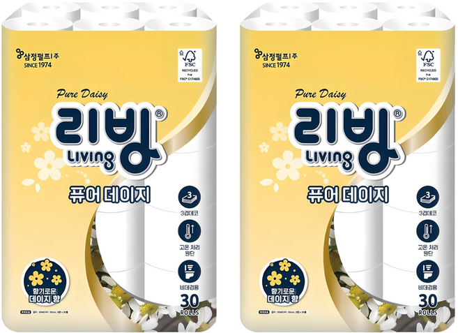 리빙티슈 퓨어 데이지 3겹 고급롤화장지, 30m, 30개입, 2개