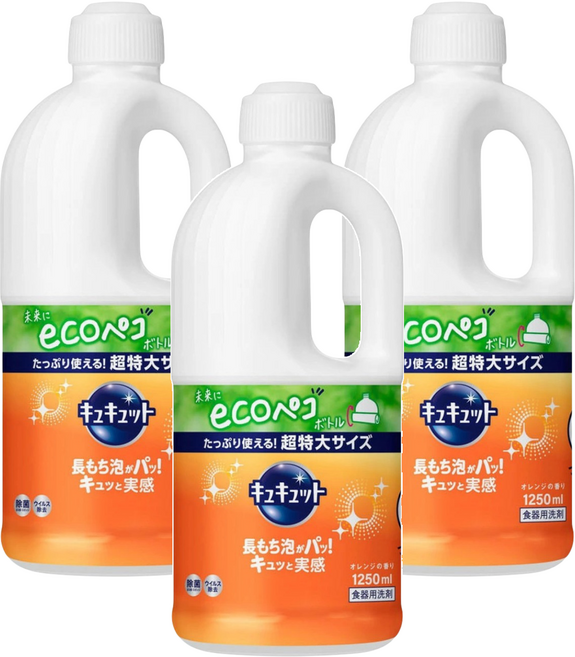 Kao 花王 Cucute 珂珂透 餐具洗碗精補充瓶 柑橘香, 1.25L, 3瓶