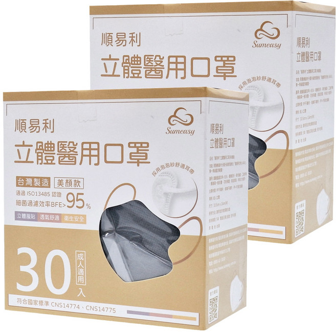 順易利 成人立體醫用口罩 美顏款 M, 太空灰, 30片, 2盒