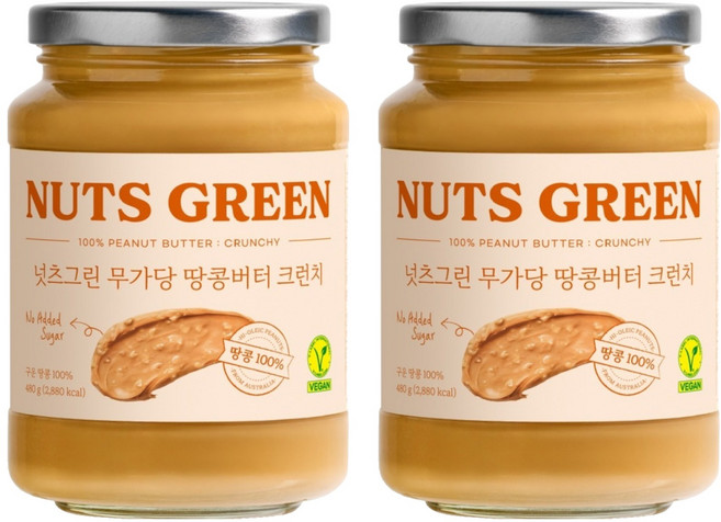 넛츠그린 100% 땅콩 스프레드 크런치, 480g, 2개