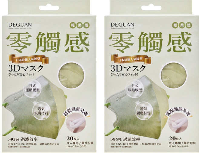 Deguan 德冠 零觸感成人3D立體醫用口罩, 冰湖綠, 20片, 2盒