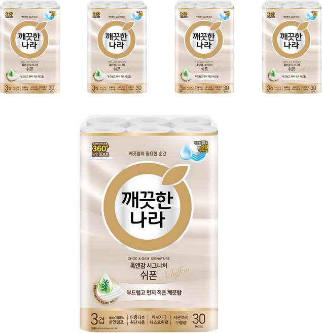 깨끗한나라 촉앤감 시그니처 쉬폰 천연펄프 3겹 고급롤화장지, 27m, 30개입, 5개