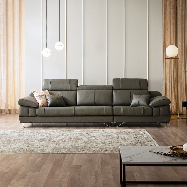 쉐우드 빈센트 천연면피 소가죽 헤드틸팅 기능성 4인용 소파 + 스툴 방문설치, 그레이