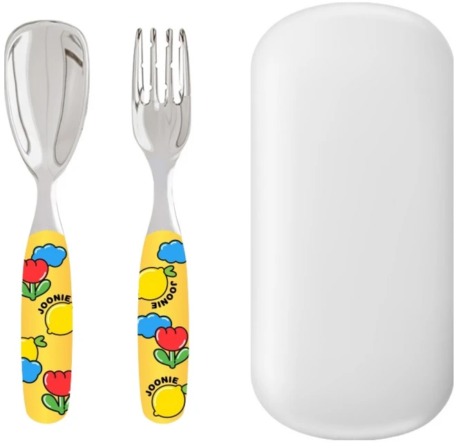 주니 유아용 올스테인레스 스푼 + 포크 + 케이스 세트, 옐로우, 1세트 - 쿠팡