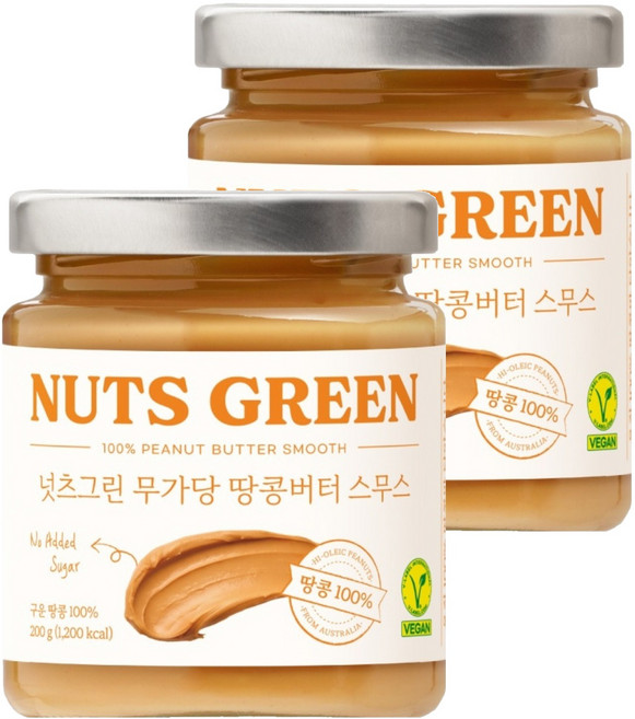 넛츠그린 100% 무가당 땅콩버터 스무스, 200g, 2개